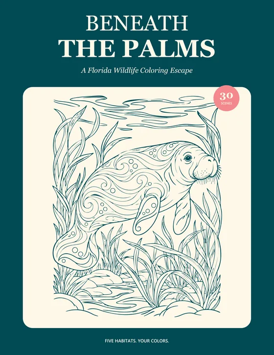 Beneath the Palms cover: a Florida manatee among ribbon grass