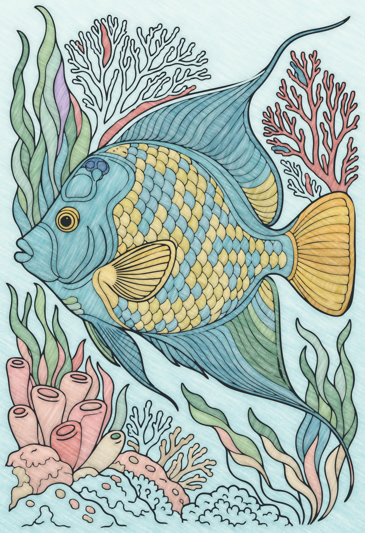 The same Queen angelfish page with digital colored-pencil shading added