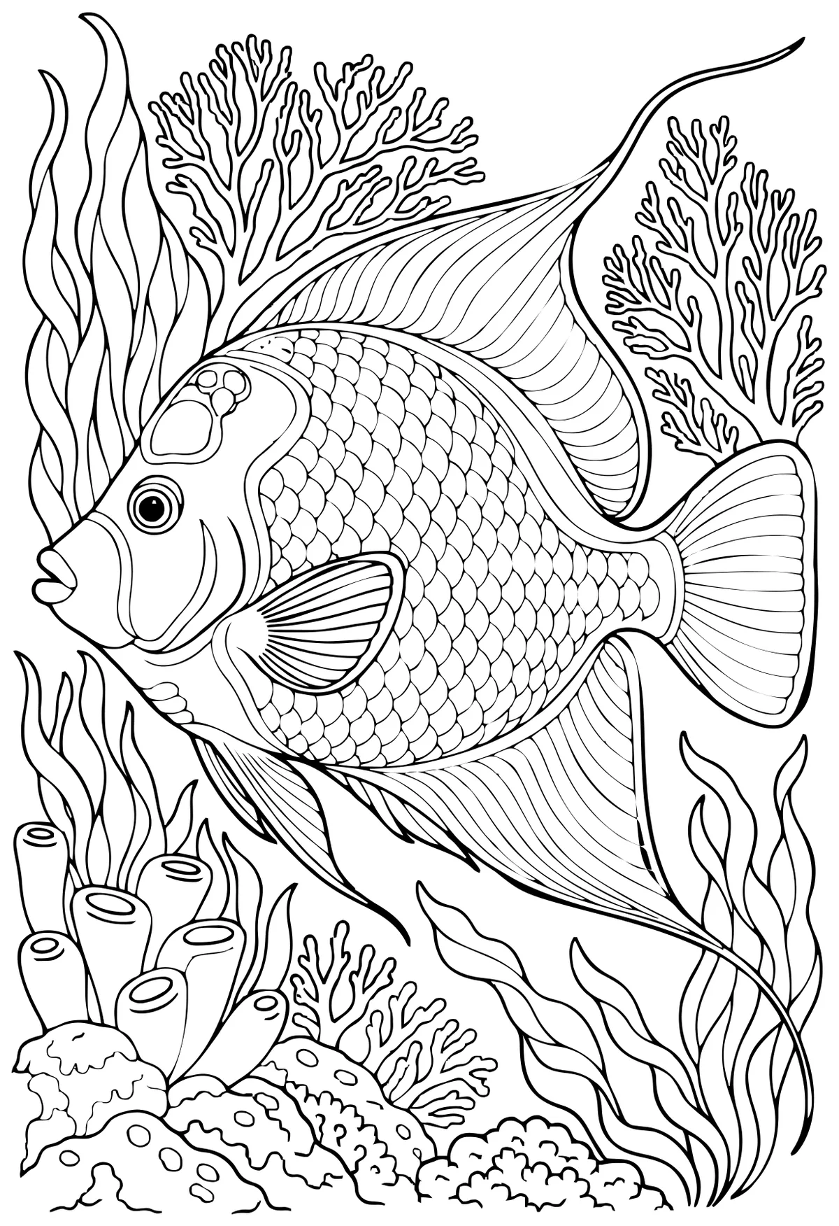 Queen angelfish coloring page as printed: black outlines
