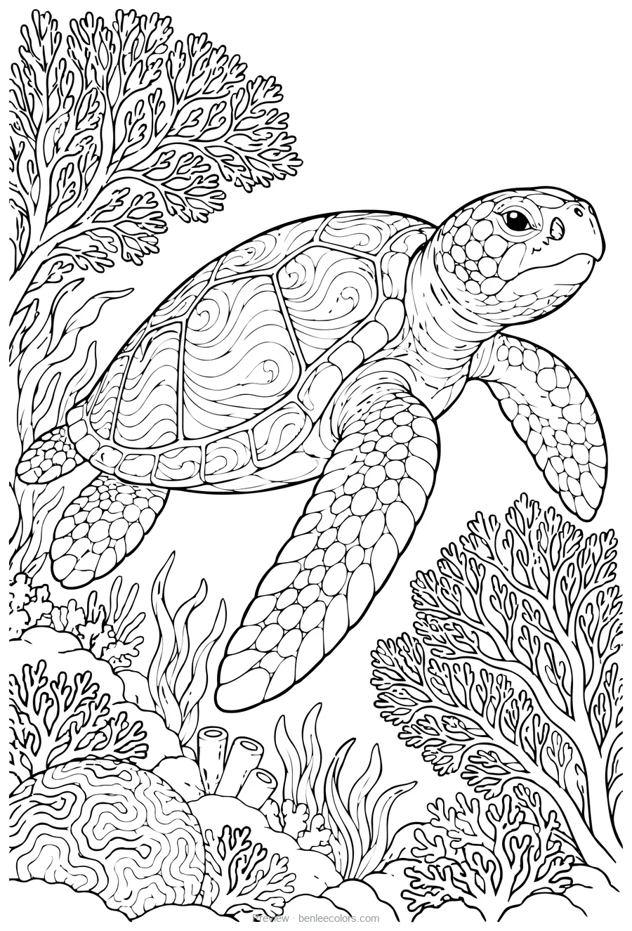 Loggerhead sea turtle coloring page (Caretta caretta), black line art